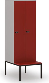 Drevená šatníková skrinka S4 s lavičkou, 2 oddiely, 1871 x 600 x 500/800 mm, demont, mechanický kódový zámok, sivá / červená