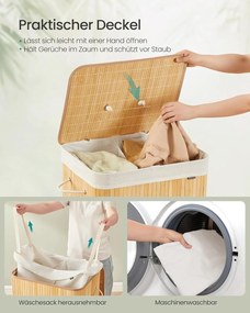 Kôš na prádlo s viečkom, 2 priehradkový, 120 litrový, bambusový, prírodný