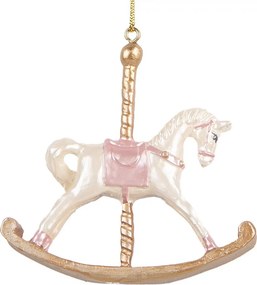 Bielo-zlatá závesná dekorácia hojdací koník - 8*2*7 cm