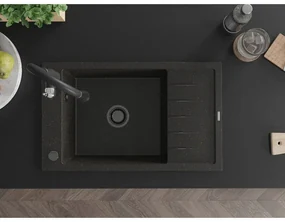 Mexen Elias, 1-komorový granitový drez 795x480x200 mm a drezová batéria Savita, čierna-zlatá metalíza, 6511-75-672601-70-B