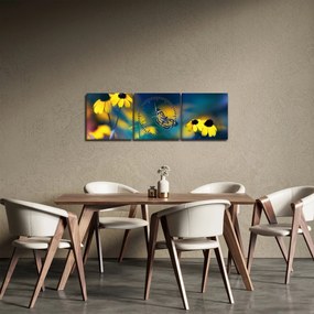 Obraz - Žltý motýľ s kvetmi (s hodinami) (90x30 cm)