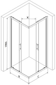 Mexen Rio, štvorcový sprchovací kút s posuvnými dverami 90(dvere) x 90(dvere) x 190 cm, 6mm číre sklo s pásikmi, zlatý profil + biela sprchová vanička SLIM, 860-090-090-50-20-4010G