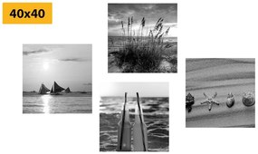 Set obrazov more a pláž v čiernobielom prevedení