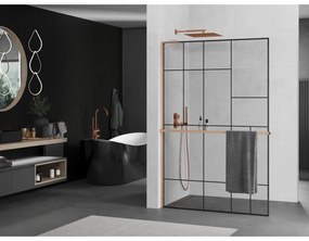 Mexen Kioto+ L, sprchová zástena Walk-In s poličkou a vešiakom 120 x 200 cm, 8mm číre sklo čierny vzor, medený matný profil, 800-120-123-65-78