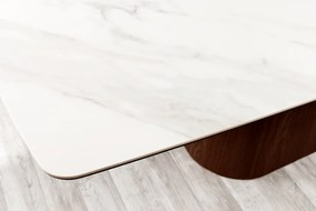 Jedálenský stôl UNIQUE 200 cm rám z tmavého orechového dreva dyhovaný keramický biely mramorový vrch