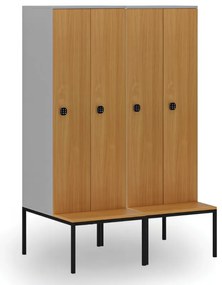 Drevená šatníková skrinka S4 s lavičkou, 2 oddiely, 1871 x 600 x 500/800 mm, demont, kódový zámok, sivá/oranžová