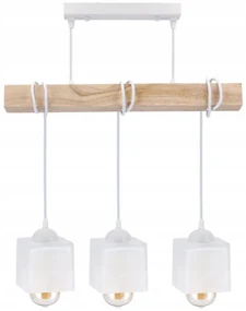 BERGE LED závesné stropné svietidlo, drevený trám, 3xE27, loft, mliečna kocka - biela