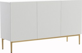 Biela komoda Nicole 150 cm s trojdverovým ryhovaným čelom - matná biela / zlaté nožičky