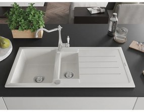 Mexen Andres, granitový drez 1000x500x200 mm, 1,5-komorový a drezová batéria Carla, biela, 6515-20-670700-00