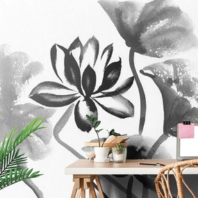 Tapeta akvarelový čiernobiely lotosový kvet - 150x100