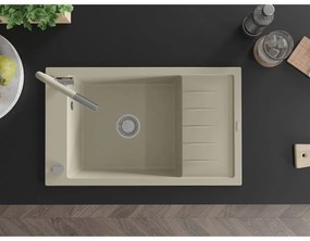 Mexen Elias, 1-komorový granitový drez 795x480x200 mm a drezová batéria Flora, béžová, 6511-69-670401-09