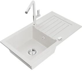 Mexen Pablo, 1-komorový granitový drez 752x436x161 mm a drezová batéria Flora, biela, 6510-20-670401-02