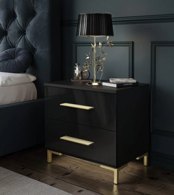 NOČNÝ STOLÍK MARION V LED ČIERNY LESK + ZLATÉ NOŽIČKY