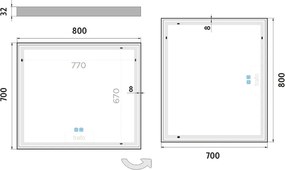 Nimco LED zrkadlo 80 x 70, dotykový senzor OBDĹŽNIKOVÁ - OSTRÉ ROHY - ZP 13003VX