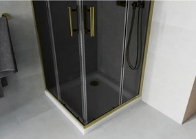 Mexen Rio, štvorcový sprchovací kút s posuvnými dverami 70(dvere) x 70(dvere) x 190 cm, 6mm šedé sklo, zlatý profil + biela sprchová vanička SLIM, 860-070-070-50-40-4010G