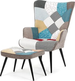 Relaxačné kreslo ušiak s taburetom ROYAL II — kov, látka, patchwork