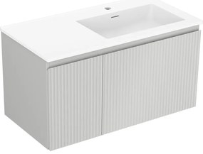 Mexen Rivel, kúpeľňová skrinka 90 cm s pravým umývadlom Otis, 1S, 1D, drážkovaná, sivá matná/biela matná - 91A23-09047-3-BBFF62-W18P01