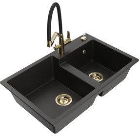 Mexen Tomas, 2-komorový granitový drez 800x500x190 mm a kuchynská batéria Duo, čierna-zlatá metalíza, 6516-75-671701-57-G