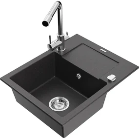 Mexen Enzo, granitový drez 576x465x174 mm, 1-komorový, chrómová batéria Duero, čierna škvrnitá, 6506-76-671600-00
