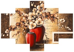 Gario Ručne maľovaný obraz Orchidei v červenej váze - 5 dielny Rozmery: 150 x 105 cm