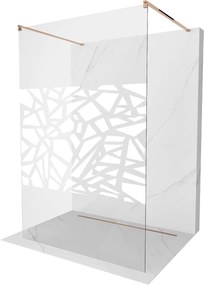 Mexen Kioto, priechodná sprchová zástena 130 x 200 cm, 8mm sklo číre s bielym vzorom, 2x zlatá stabilizačná rozpera, profil ružové zlato, 800-130-002-60-85