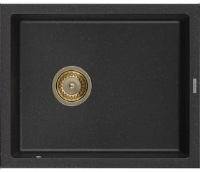 Mexen Pedro granitový jednokomorový drez 560 x 460 mm, Čierna/Strieborná metalíza, Sifón Zlatá - 6508561000-73-G