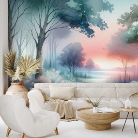 Tapeta pastelová lesná krajina pri západe slnka