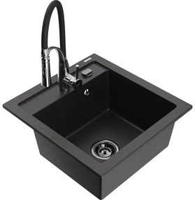 Mexen Vito, 1-komorový granitový drez 490x520x210 mm a drezová batéria Aster, čierna-zlatá metalíza, 6503-75-73450-07-B