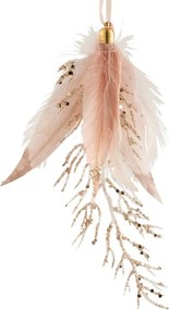 Závesná ozdoba vetvička so zlatými glitrami a ružovými pierkami - 8*2*18 cm
