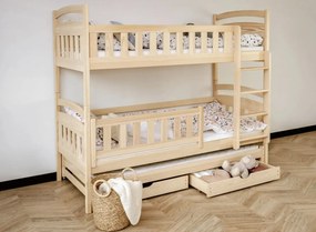 Detská poschodová posteľ z masívu borovice BOHDANA s prístelkou a šuplíky - 200x90 cm - PRÍRODNÁ BOROVICA