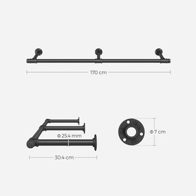 Nástenná tyč na šaty, nástenný vešiak, priemyselný štýl, čierny