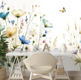 Tapeta pastelové kvety a lietajúce motýle