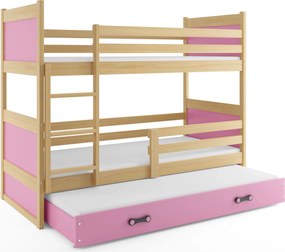 Poschodová posteľ s prístelkou RICO 3 190x90 Borovica - Ružová