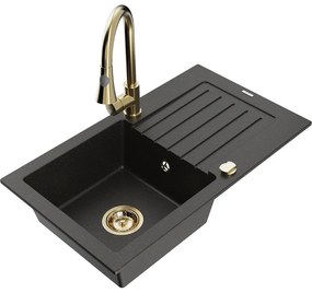 Mexen Pablo, 1-komorový granitový drez 752x436x161 mm a drezová batéria Elia, čierna-zlatá metalíza, 6510-75-670101-50