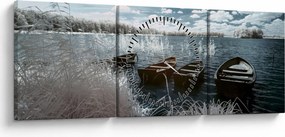 Obraz - Drevené loďky na jazere (s hodinami) (90x30 cm)