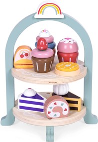 ECOTOYS Dřevěná čajová souprava se sladkostmi ECOTOYS, 27 dílů pro děti 3+