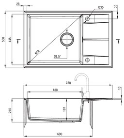 Deante Eridan, granitový drez na dosku 780x500x210 mm Z/O, 3,5" + priestorovo úsporný sifón, 1-komorový, antracitová metalíza, ZQE_T11B