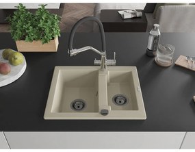 Mexen Carlos, 1,5-komorový granitový drez 582x475x177 mm a drezová batéria Duo, béžová, 6518-69-671701-07-B