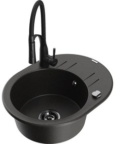 Mexen Kevin, 1-komorový granitový drez 586x458x190 mm a drezová batéria Aster, čierna-zlatá metalíza, 6517-75-73450-70-B
