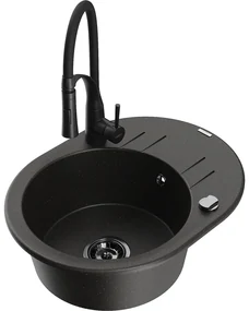 Mexen Kevin, 1-komorový granitový drez 586x458x190 mm a drezová batéria Aster, čierna-zlatá metalíza, 6517-75-73450-70-B