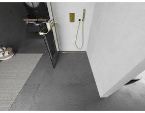 Mexen Kioto+, sprchová zástena s poličkou a držiakom na uteráky 70 x 200 cm, 8mm číre sklo vzor čierny, zlatý profil, 800-070-121-50-77