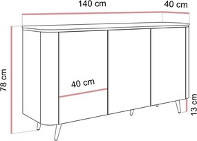 KOMODA JULIEN 3 KAŠMÍR + ZLATÁ LED 140 cm