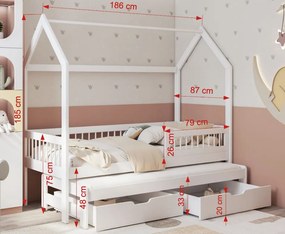 Detská domčeková posteľ z masívu borovice ASHER so šuplíkmi a prístelkou - 180x80 cm - biela