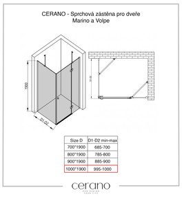 CERANO Cerano, pevná sprchová zástena pre dvere Marino a Volpe 100x190 cm, 6mm číre sklo, čierny profil, CER-CER-420273