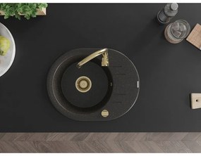 Mexen Kevin, granitový drez 586x458x190 mm, 1-komorový, čierna-zlatá metalíza so zlatým sifónom, 6517581005-75-G