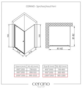 Cerano Ferri, krídlový sprchovací kút 100(dvere) x 100(stena) x 195 cm, 6mm číre sklo, čierny profil, CER-CER-427495