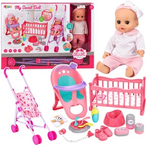 LEAN Toys Sada 3 v 1 – interaktívna bábika Bobas Sika, ktorá plače, kolíska, kočík a príslušenstvo
