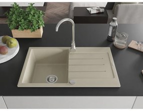 Mexen Bruno, 1-komorový granitový drez s odkvapkávačom 795x495x200 mm a chrómová kuchynská batéria Telma, béžová, 6513-69-670200-00