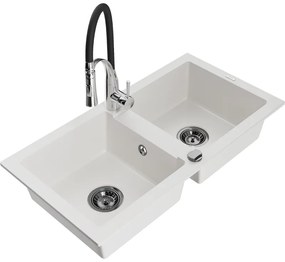 Mexen Mario, granitový drez 820x436x161 mm, 2-komorový a drezová batéria Aster, biela, 6504-20-73450-07-B