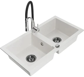 Mexen Mario, granitový drez 820x436x161 mm, 2-komorový a drezová batéria Aster, biela, 6504-20-73450-07-B